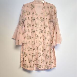 Pink Floral Embroidered Ethnic Kurti Tunic Top Small